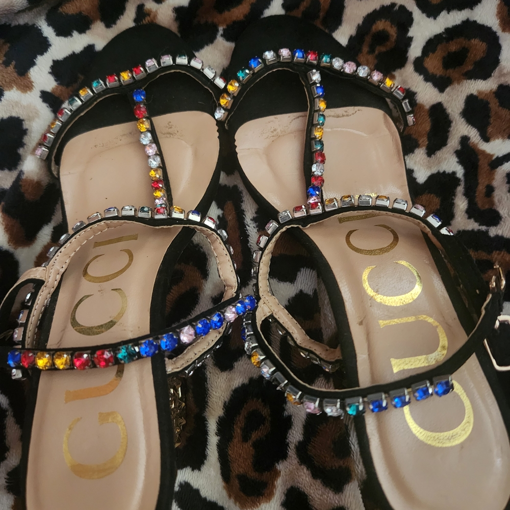 Gucci Women's Black Sandals with Multicolor Gem Straps